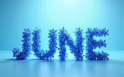 4k, junio, letras florales azules, minimalismo, fondo abstracto azul, conceptos de junio, nombres de meses, inscripción de junio, palabra de junio, antecedentes con junio