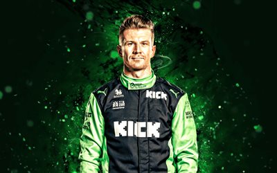 nico hulkenberg, 4k, vihreät neonvalot, potkia, kaava 1, saksalaiset kilpa  ohjaimet, formula 1, nico hulkenberg 4k, f1, nicolas hülkenberg, sauber motorsport, nico hulkenberg potkaisee sauberin