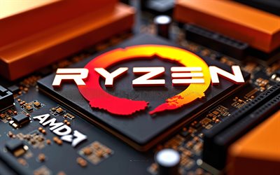 logo ryzen, macro, 4k, dmla, logo ryzen 3d, carte mère orange, processeurs ryzen, emblème ryzen, amd ryzen