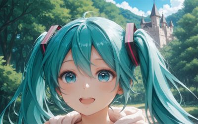 4k, Hatsune Miku, castle, Vocaloid, summer, blue hair, Vocaloid 01, Miku Hatsune, CV01, Vocaloid characters, Hatsune Miku Vocaloid