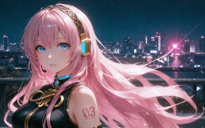 4k, megurine luka, nighscape, cv03, vocaloide, star rosa, skyline, capelli rosa, vocaloid 03, arte astratta, serie vocali del personaggio, luka megurine, personaggi vocaloidi, megurine luka vocaloid