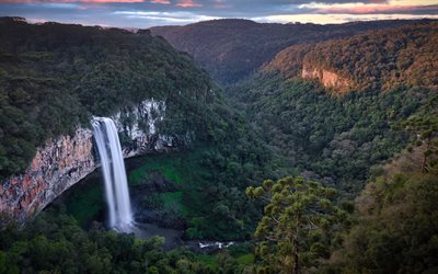 canela waterfall, sera, caracol falls, tramonto, cascata do caracol, waterfall di montagna, paesaggio di montagna, foresta, cascate, canela, brasile, caracol state park