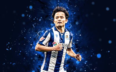 Takefusa Kubo, 4k, blue neon lights, Real Sociedad, La Liga, Japanese footballers, Takefusa Kubo 4K, football, soccer, LaLiga, Real Sociedad FC, Takefusa Kubo Real Sociedad