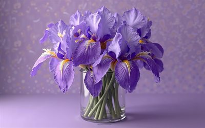 4k, bouquet di iridi viola, sfondo viola, iridi viola, fiori 3d, irisi 3d, bouquet irises, fiori viola, iris, sfondo con iridi viola, irisi viola 3d