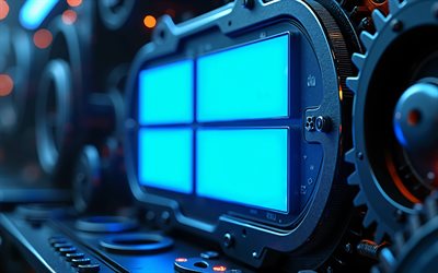 4k, windows 10 blue neon  logo, bokeh, luova, metallitausta, os  tuotemerkit, taideteos, windows 10  logo, brändien logo, windows 10 neon  logo, windows 10, tuotemerkit, os  logo