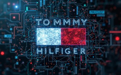 تومي هيلفيجر شعار, 4k, خلفية زرقاء عالية التقنية, tommy hilfiger blue neon logo, ضوء النيون البرتقالي, الأشعة السينية, شعار تومي هيلفيجر 3d, تومي هيلفيجر, شعار تومي هيلفيجر الأزرق