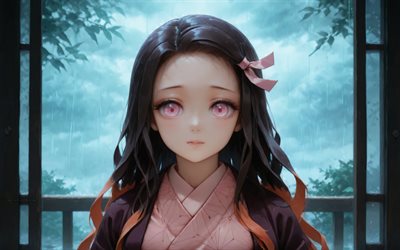 4k, nezuko kamado senza bavaglio, piovere, demon slayer, kimono, protagonista, nezuko kamado, demon slayer kimetsu no yaiba, manga, kamado nezuko, demon hunter, nezuko kamado kimetsu no yaiba