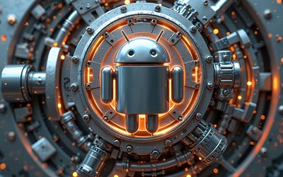 android metal  logo, 4k, metalliharmut, 3d  mekanismi, android  tunnus, android 3d  logo, androidi, mekaniikkataide, android  taide, android  logo
