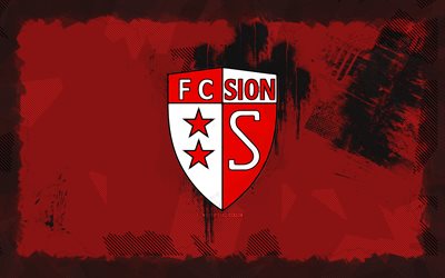 FC Sion grunge logo, 4k, Swiss Super League, red grunge background, soccer, FC Sion emblem, football, FC Sion logo, FC Sion, Swiss football club, Sion FC