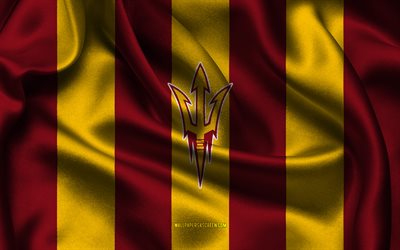 4k, arizona state sun devils logosu, kırmızı sarı ipek kumaş, amerikan futbol takımı, arizona state sun devils amblemi, ncaa, arizona eyaleti güneş şeytanları, amerika, amerikan futbolu, arizona eyaleti sun devils futbol