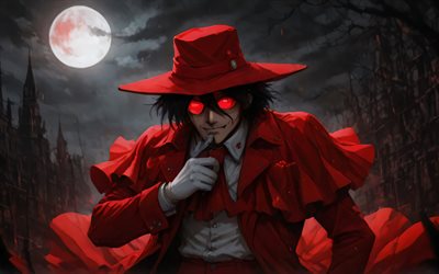 4k, alukard, gece, kırmızı ay, cehennem, orman, dracula saymak, manga, dorakyura, cehennem manga, arucard karakteri, arucard sanatı, cehennem karakterleri, alucard hellsing