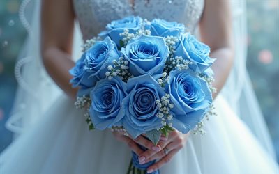 4k, rose blu in mani nuziali, bouquet nuziale, rose blu, sposa con fiori, modello di matrimonio, concetti di matrimonio, sposa, rose, bouquet di nozze
