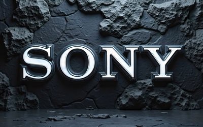sony white  logo, 4k, grunge  taide, musta kivitausta, sony 3d  logo, luova, sony  logo, elektroniikkabrändit, sony, brändien logo