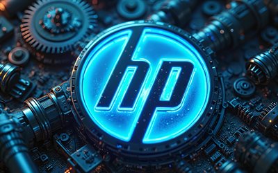 4k, hewlett packard neon logo, bokeh, computermarken, metallhintergrund, hp  logo, hewlett packard, kunstwerk, hewlett packard 3d logo, hewlett packard blue logo, brands logo, hp, marken, hewlett packard logo