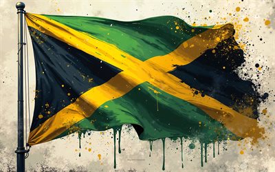 jamaicansk flagga, 4k, jamaica  flaggan på flaggstången, jamaicansk färgstänk flagga, grunge konst, jamaica flagga, jamaica, jamaica flagg