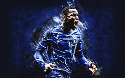 nicolas jackson, chelsea fc, calciatore senegalese, sfondo di pietra blu, grunge art, premier league, inghilterra, calcio, nicolas jackson chelsea