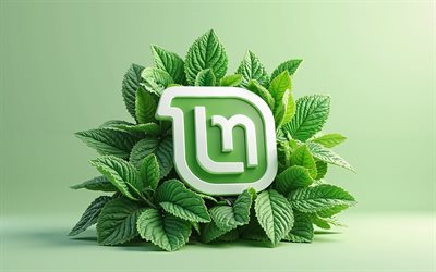 emblème de la menthe linux, 4k, logo 3d linux mint, feuilles de menthe verte 3d, logo linux mint, art créatif, mint 3d, linux