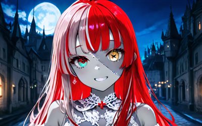 4k, クレイジ・オリー, 閉じる, 仮想youtuber, 笑顔, 城, 夜, vtuber, ゾンビ, 肖像画, ホロリーブ, ヘテロクロミア, 漫画, kureiji ollie channel
