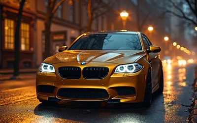 Golden BMW M5, 4k, street, F10, tuning, bokeh, creative, nightscape, BMW M5, BMW M5 F10, german cars, BMW