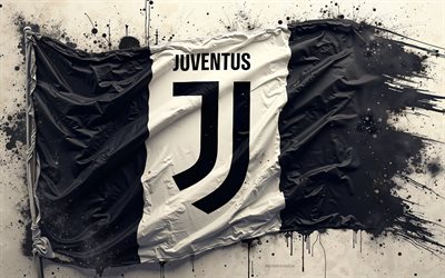 Juventus FC logo, 4k, white and black flag with Juventus logo, flagpole, Juventus paint splashes flag, Juventus emblem, grunge art, flag with Juventus logo, Juve, Serie A, Italy, Juventus FC