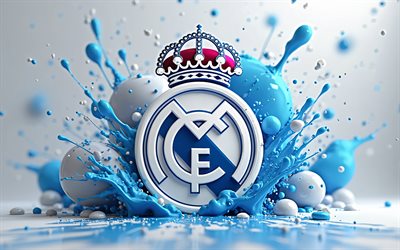logotipo 3d del real madrid, 4k, salpicaduras de pintura, laliga, fútbol, logotipo del real madrid, minimalismo, fútbol americano, club de fútbol español, emblema del real madrid, real madrid cf, real madrid fc