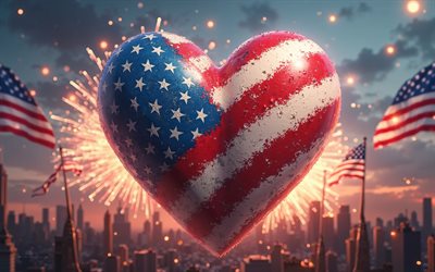 4k, ich liebe usa, feuerwerk, skyline cityscape, kunstwerk, tag der usa, bokeh, unabhängigkeitstag, 4 juli, flagge der usa, herz mit ameimerischer flagge, amerikanische flagge, usa, liebe zu den usa, us  flagge