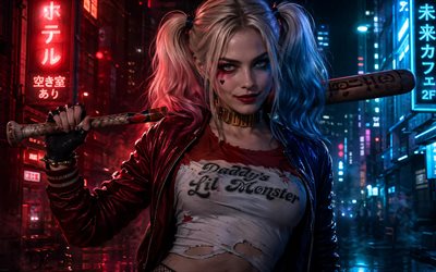 Harley Quinn, 4k, street, baseball bat, supervillainess, night, DC Comics, artwork, pictures with Harley Quinn, antiheroes, Harley Quinn Art, Doctor Harleen Frances Quinzel, Harley Quinn 4K