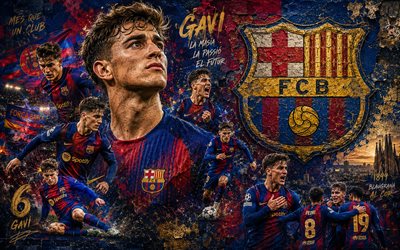 Gavi, FC Barcelona, 4K, stone background, FC Barcelona logo, Gavi FC Barcelona, mural art, football, Barcelona, Gavi Barcelona, Pablo Martin Paez Gavira