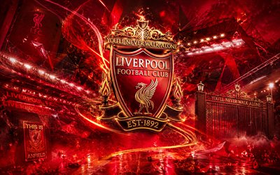 Liverpool FC, 4k, English football club, Liverpool FC logo, football art, red abstract background, Liverpool FC emblem, Premier League, Liverpool logo, football, England, Liverpool
