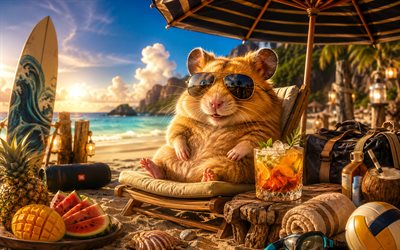 hamster, 4k, summer, tropical beach, beach accessories, sea, sun lounger, sunglasses, hamster on beach, cocktail, cute animals, beach, funny animals, hamster in sunglasses, Cute hamster