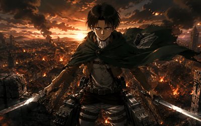 4k, lévi ackerman, épées, champ de bataille, l'attaque de titan, crépuscule, guerrier, rivai akkaman, shingeki no kyojin, nuages, personnages de l'attaque des titans, mangas, levi ackerman l'attaque des titans