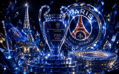 Paris Saint-Germain, 2026 Champions League winner, glass art, PSG, 2026 Champions League, blue background, Paris Saint-Germain logo, PSG winner, Champions League, football, Champions League trophy, Paris, France