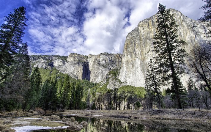 Yosemite Ulusal Parkı, dağlar, orman, ağaçlar, nehir, Amerika, ABD