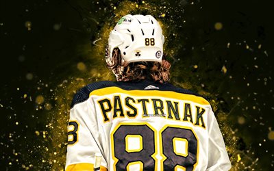 David Pastrnak, 4k, back view, Boston Bruins, NHL, hockey stars, David Pastrnak 4k, yellow abstract background, hockey players, hockey, David Pastrnak Boston Bruins