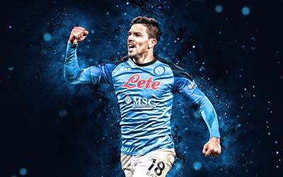Giovanni Simeone, 4k, SSC Napoli, blue neon lights, soccer, Serie A, argentine footballers, Giovanni Simeone 4K, blue abstract background, football, Napoli FC, Giovanni Simeone Napoli
