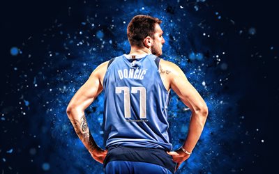 Luka Doncic, 4k, back view, blue neon lights, Dallas Mavericks, NBA, basketball, Luka Doncic 4K, blue abstract background, Luka Doncic Dallas Mavericks