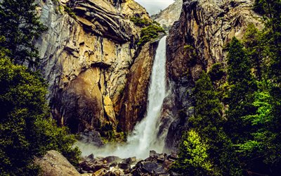 4k, waterfall, rocks, Valley River, mountains, mountain river, evening, sunset, Yosemite, USA
