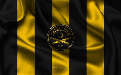 4k, Charleston Battery logo, black yellow silk fabric, American soccer team, Charleston Battery emblem, USL Championship, Charleston Battery, USA, football, Charleston Battery flag, USL, soccer