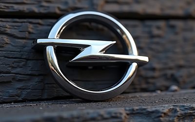 Opel logo, 4k, creative art, Opel 3d metal logo, black wooden backround, Opel 3d logo, Opel, 3d Opel emblem