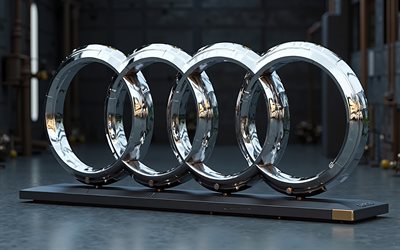 3d Audi logo, 4k, Audi emblem, Audi logo, gray background, Audi metal logo, German cars, Audi