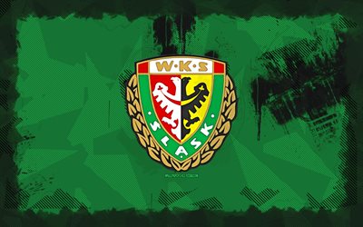 Slask Wroclaw grunge logo, 4k, Ekstraklasa, green grunge background, soccer, Slask Wroclaw emblem, football, Slask Wroclaw logo, Slask Wroclaw, polish football club, Slask Wroclaw FC