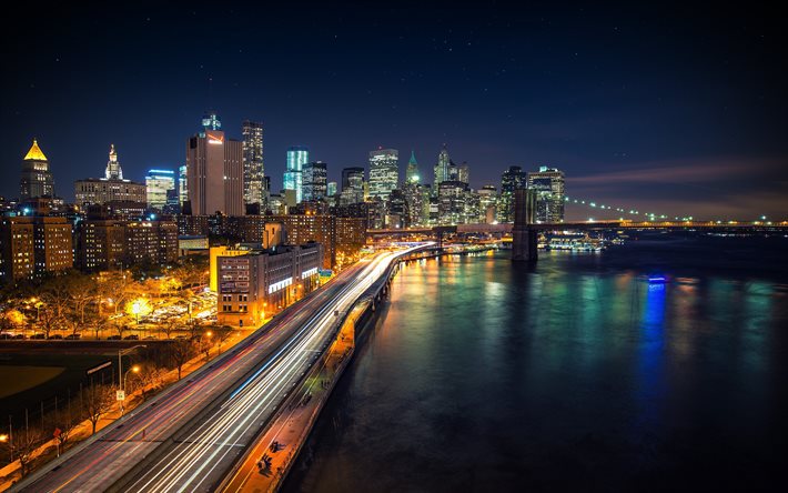 Manhattan, night, America, embankment, New York, USA