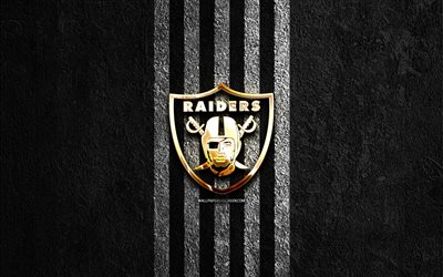oakland raiders logo doré, 4k, fond de pierre noire, nfl, équipe de football américain, logo oakland raiders, football américain, oakland raiders