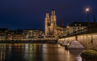 grossmunster, zurich, soirée, coucher de soleil, église protestante, pont de munster, limmat, paysage urbain de zurich, suisse