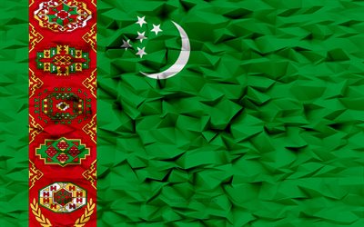 투르크메니스탄의 국기, 4k, 3d 다각형 배경, 투르크메니스탄 국기, 3d 다각형 텍스처, 투르크메니스탄의 날, 3차원, 투르크메니스탄 깃발, 투르크메니스탄 국가 상징, 3d 아트, 투르크메니스탄, 아시아 국가