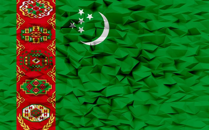 turkmenistanin lippu, 4k, 3d polygon tausta, 3d polygonitekstuuri, turkmenistanin päivä, 3d turkmenistanin lippu, turkmenistanin kansalliset symbolit, 3d taide, turkmenistan, aasian maat