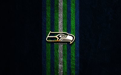 Seattle Seahawks golden logo, 4k, blue stone background, NFL, american football team, Seattle Seahawks logo, american football, Seattle Seahawks