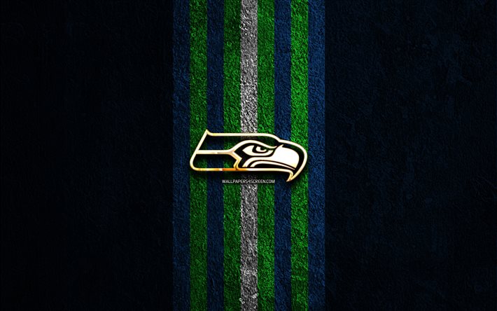 seattle seahawks logo doré, 4k, fond de pierre bleue, nfl, équipe de football américain, seattle seahawks logo, football américain, seattle seahawks