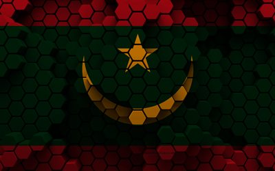 4k, bandera de mauritania, fondo hexagonal 3d, bandera 3d de mauritania, día de mauritania, textura hexagonal 3d, símbolos nacionales de mauritania, mauritania, bandera de mauritania 3d, países africanos