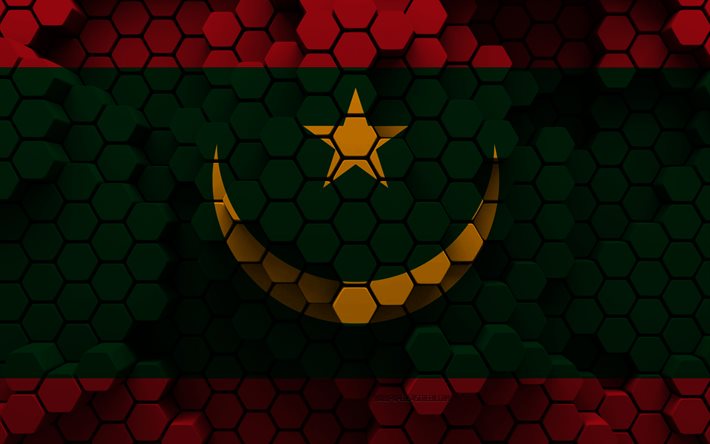 4k, drapeau de la mauritanie, 3d hexagone fond, mauritanie 3d drapeau, jour de la mauritanie, 3d hexagone texture, mauritanie symboles nationaux, mauritanie, 3d mauritanie drapeau, pays africains